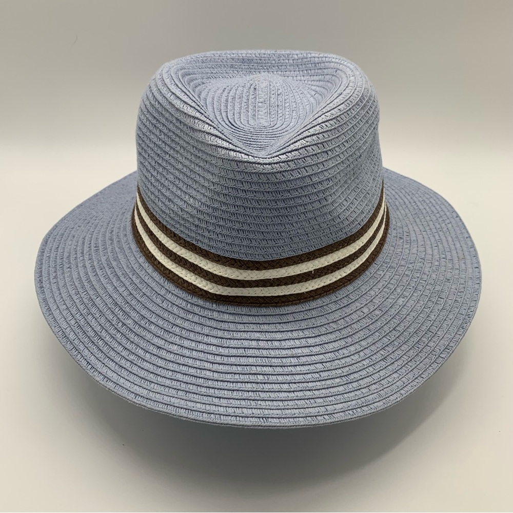 Blue Wide Brim Fedora Hat with Brown & White Band
